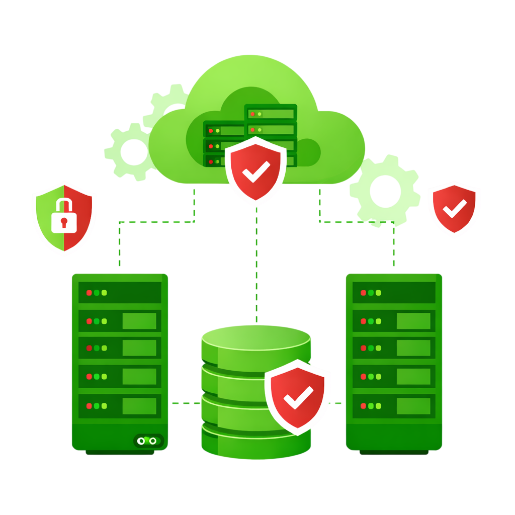 Cloud server solutions illustration showing secure data storage and connected servers in green theme