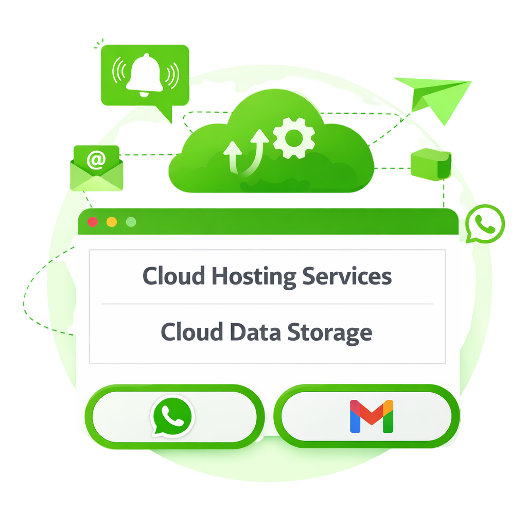Cloud hosting services and cloud data storage illustration showing secure cloud infrastructure